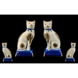 Staffordshire - 19th Century Fine Pair of Hand Painted Pearl-Ware Cat Figures. c.1850.