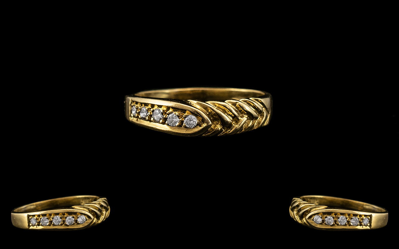 18ct Gold - Attractive and Well Designed 5 Stone Diamond Set Ring. Marked 750 to Shank. The Five Old