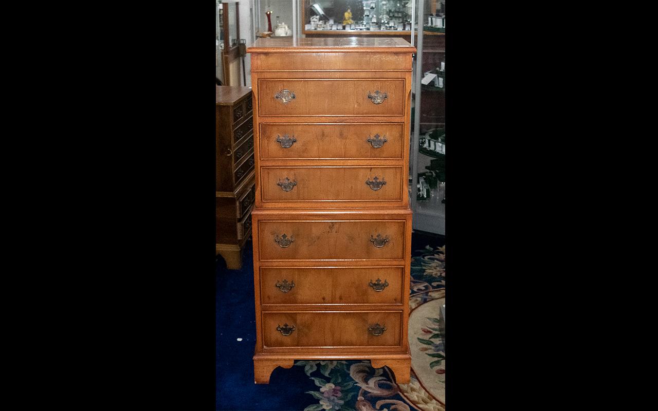 Reproduction Yew Wood Miniature Chest on Chest with shaped brass backplate drop handles and