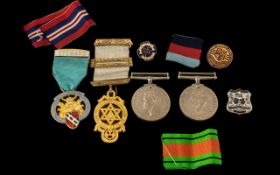 1939-1945 Medal & Defence Medal, both with ribbons, with five other enamel badges (misc.).