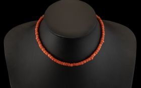 1920's Coral Bead Necklace / Choker with Gold Coloured Clasp. Length 14 Inches - 35 cm.