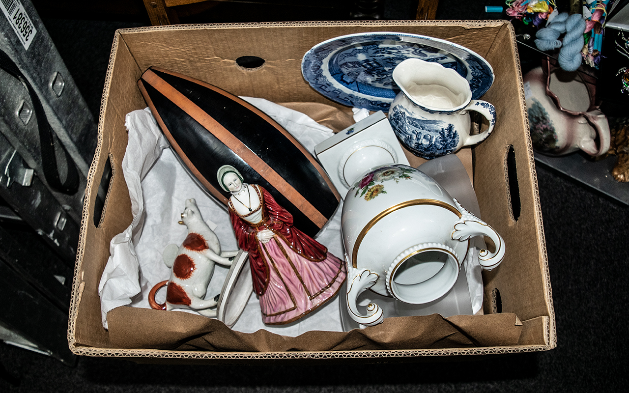 Box of Assorted Pottery & China all as found, comprising: Coalport 'Anne of Cleeves' figure 8''