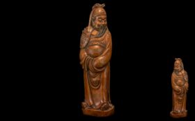 Large Antique Chinese Carved Wood Figure of an Official from the Ming Court, wearing traditional