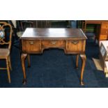 Edwardian Walnut Low Boy Table with Three Drawers with cross banded edges and engraved brass plate