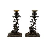 Pair of Regency Period Bronze Candlesticks depicting a stag and doe,