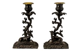 Pair of Regency Period Bronze Candlesticks depicting a stag and doe,
