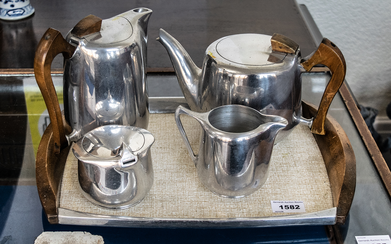 Picquot Ware Tea Set Deco Style aluminium and wood set, Tea Pot, Coffee Pot,