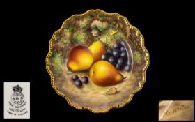 Royal Worcester Hand Painted Shaped Cabinet Plate of Fine Quality ' Fallen Fruits ' Pattern - Pears