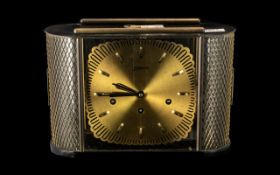 German Chiming Mantle Clock unusual glazed and fretwork case with shaped gilt dial, baton numerals.
