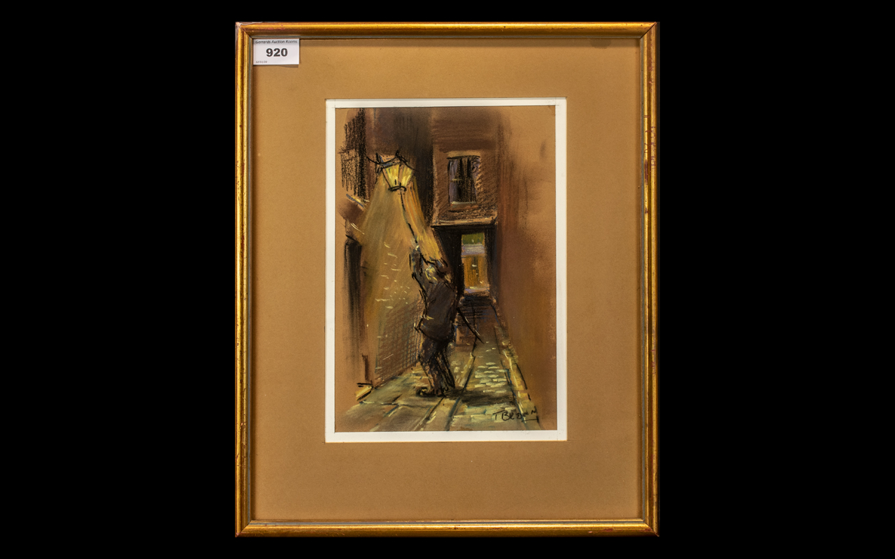 Watercolour by Tom Brown (20th Century) entitled 'The Lamp Lighter', marked 25 verso on label, - Image 2 of 2