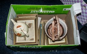 Box of Assorted Pottery & Pictures inclu