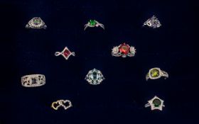 Collection of Solid Silver Rings With Different Coloured Stones. ( 10 ) In Total.