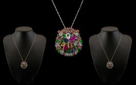 18ct White Gold - Superb Quality and Attractive Multi-Coloured Sapphire Set Circular Pendant with