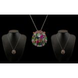 18ct White Gold - Superb Quality and Attractive Multi-Coloured Sapphire Set Circular Pendant with