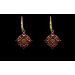 Ladies 9ct Gold Attractive Ruby Set Pair of Earrings of Square Shape / Form.