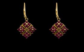 Ladies 9ct Gold Attractive Ruby Set Pair of Earrings of Square Shape / Form.