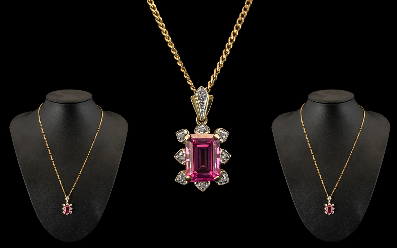 Ladies - Attractive 9ct Gold Tourmaline and Diamond Set Pendant - Attached to a 9ct Gold Chain.