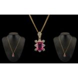 Ladies - Attractive 9ct Gold Tourmaline and Diamond Set Pendant - Attached to a 9ct Gold Chain.