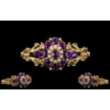 14ct Yellow Gold - Superb and Impressive Amethyst and Seed Pearl Set Ornate Hinged Bangle of Large