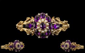 14ct Yellow Gold - Superb and Impressive Amethyst and Seed Pearl Set Ornate Hinged Bangle of Large