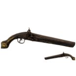 Turkish Flintlock Pistol with Cast Brass Mounts to the Hilt, and finger grip,