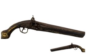 Turkish Flintlock Pistol with Cast Brass Mounts to the Hilt, and finger grip,