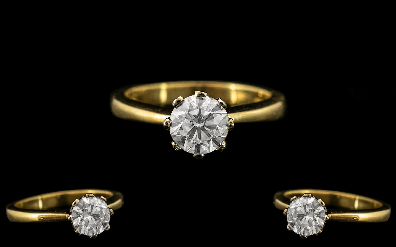 Contemporary Designed 18ct Gold - Good Quality Single Stone Diamond Set Ring.