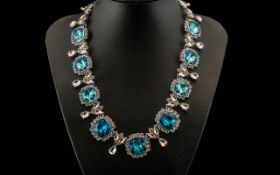 Swiss Blue Colour Crystal and White Crystal Necklace and Earrings Set,