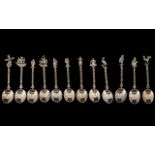 Dutch - Netherlands Superb Silver 12 Piece Matching Set of Figural Topped Tea Spoons - Various