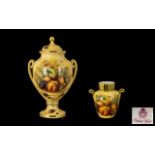 Aynsley - Fine Bone China Twin Handle - Lidded Globular Shaped Vase ' Orchard Gold ' Design '