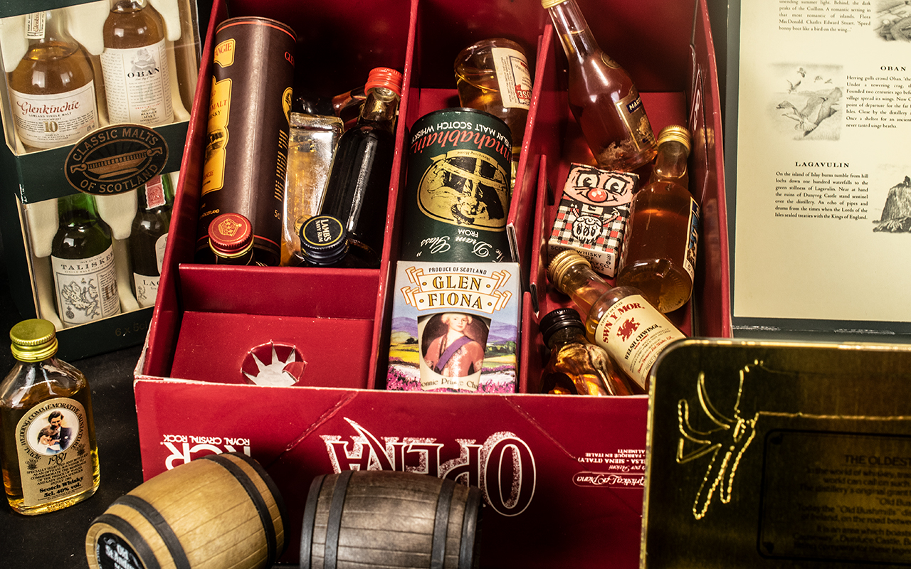 Two Boxes Containing Various Miniature Whisky Bottles in cased set collections comprising six - Image 2 of 2