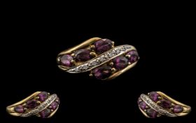 Ladies - 9ct Gold Attractive Amethyst and Diamond Set Dress Ring. Fully Hallmarked for 9.375.