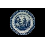 Chinese Antique Blue & White Nanking Plate, depicting a pagoda in a landscape. Circa 1800s.