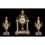 French - Late 19th Century Soft Pink and Black Marble Ormolu Mounted 8-Day Striking Portico Clock