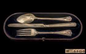 Child's Silver Knife, fork & Spoon Set In Fitted Case. London hallmarks with date letter for 1851.