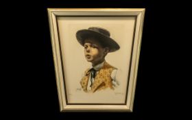 Coloured Limited Edition Print of a Spanish Boy wearing a hat, number 132/350, pencil signed M