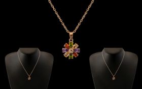 A Sterling Silver Pendant And Necklace In Flower Design - Garnets, Amethyst,