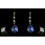 Ladies Attractive Pair of 9ct Gold Stone Set Drop Earrings ' Pierced ' The Step-Cut Blue Topaz's of