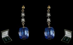 Ladies Attractive Pair of 9ct Gold Stone Set Drop Earrings ' Pierced ' The Step-Cut Blue Topaz's of