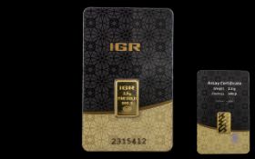 I.G.R Certificated Fyne Gold Ingot Capsulated with Assay Certificate. Signed and Numbered.