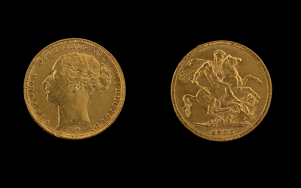 Queen Victoria Young Head St George 22ct Gold Full Sovereign - Date 1885.