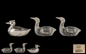 Silver Duck Table Salt Holder, stamped 800 Silver, measures 2.5'' wide x 2'' high, with a pair of