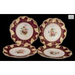 Set of Four Davenport Floral Decorated Dessert Plates with gilt work to a broad shaped red border.