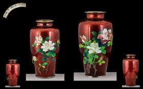 Two Japanese Translucent Dragon's Blood Colour Enamel Vases, chromed rims to the base and top;