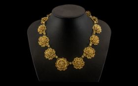 Vintage Gilt Metal Necklace with filigree work floral roundels; possibly Italian silver,