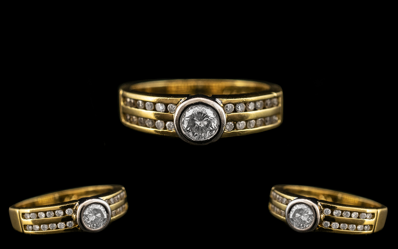 18ct Two Tone Gold Attractive Diamond Set Dress Ring of Contemporary Design.