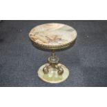Onyx Topped Round Side Table supported by a central brass column with cast shaped legs,