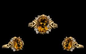 Ladies - Attractive 9ct Gold Ornate Topaz Set Dress Ring. Excellent Setting / Design.