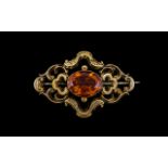 Victorian Period Large 9ct Gold Orange - Citrine Set Ornate Brooch,