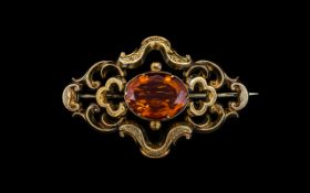 Victorian Period Large 9ct Gold Orange - Citrine Set Ornate Brooch,